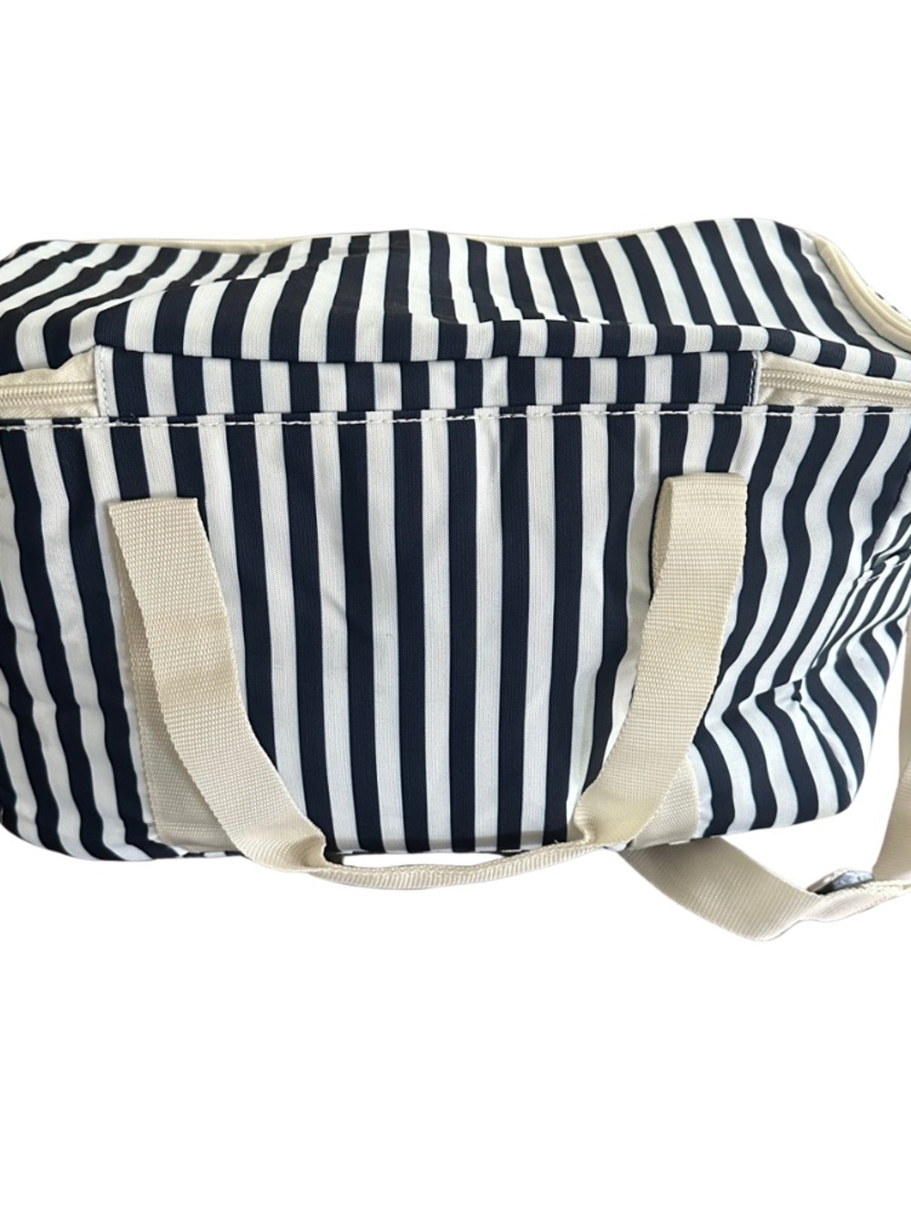DSW Cooler Striped Navy and White Canvas Tote Bag with Cream Handles